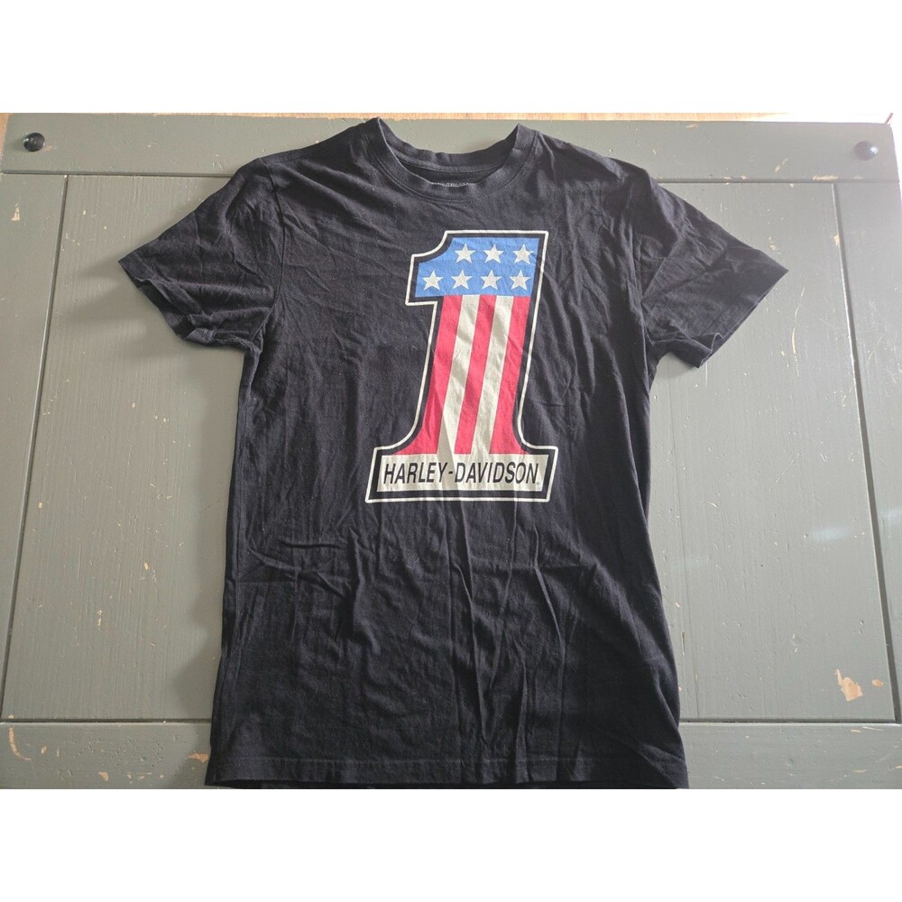 HARLEY DAVIDSON Number 1 USA Logo Flag Men's Black Tshirt Size Medium